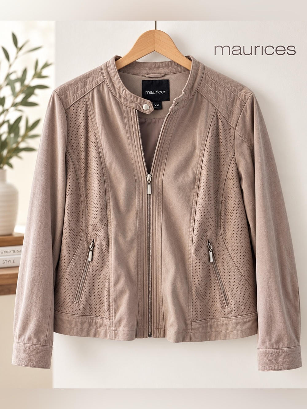 Maurices XXL Tan Vegan Suede Moto Jacket Washable Lightweight Fall